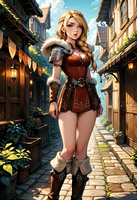 Dark Fantasy Art of score_9, score_8_up, score_7_up, rating_safe, fantasy, lighting, epiCPhoto 1girl, solo, very sexy slutty girl (ASTRIDHOFFERSON, blonde hair, braid, Long hair, blue eyes, fur trim, shoulder armor, armor, pauldron, boots, short skirt:1.2)...