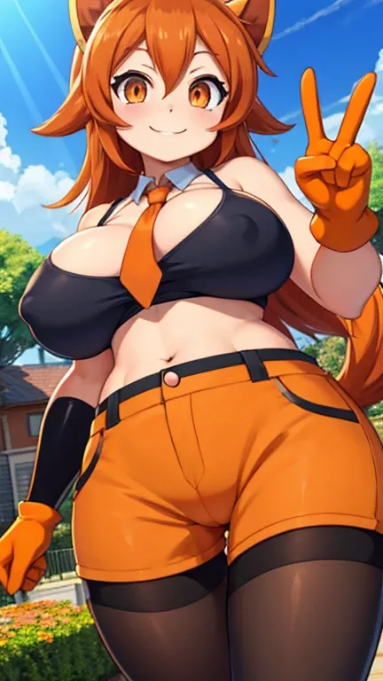 Pokémon、nemo、big tits milf、gran MILF、gran MILF、Alone、nana、by the wide、orange eyes、Horse tail、look at the viewer、black pantyhose、gloves、orange tie、orange shorts、nude、、scenery、luces del scenery、Stand out、peace sign、dutch angle、smile, nana ネモ nemo (pokemon) |...