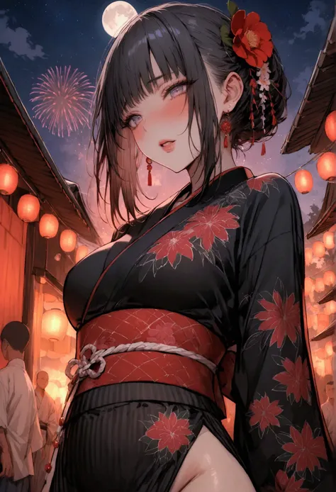 (sex),Fireworks,summer night,tight clothes,detailed,high quality,full moon,Hanabi Taikai,yukata dress,Japanese festival,hidden from people,black and red tattoos