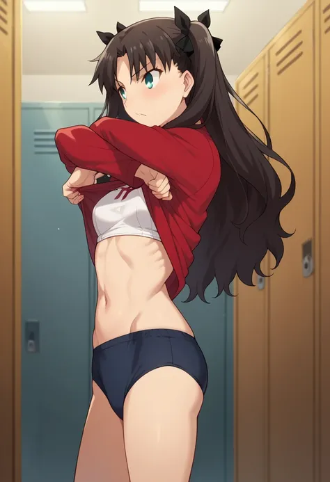 tohsaka rin, in the locker room, undressing