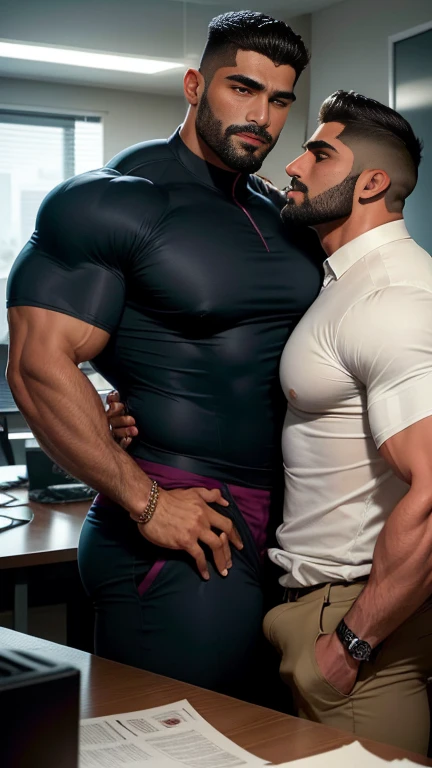 A Indian latino gay couple doing mouth to mouth kissing in office, a short hight man mouth to mouth kissing with tall muscular man, muscular men, muscular attractive men, male art, gigachad muscular, muscular! fantasy, gay, bodybuilder body, bodybuilder, m...