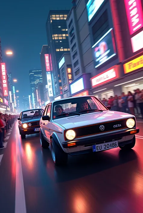 Create an image representing &#39;automaniacs&#39;, with a dynamic scene of several classic cars (white bx goal, parati, GOLF...) from the 1980s to 1994 side by side in a vibrant urban environment, running side by side both showing their passion for cars. ...