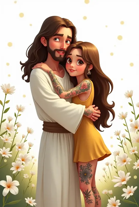 Young Jesus with a young girl, tattooed and pierced, Jesus who doesn&#39;t have tattoos and is wearing white clothes hugging the girl happily, with a white background full of white flowers, and that both are disney style