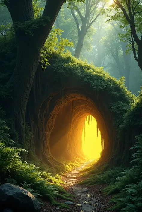 A cave in the middle of a forest from which a golden glow comes out