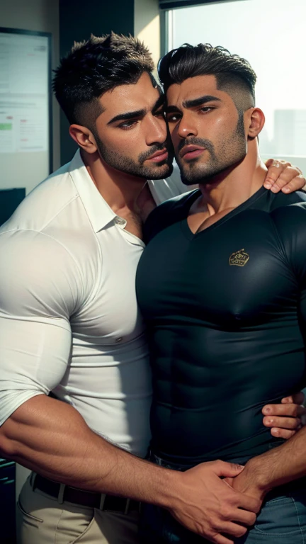 indian latino gay couple doing mouth to mouth kissing in office, muscular men, muscular attractive men, male art, gigachad muscu...