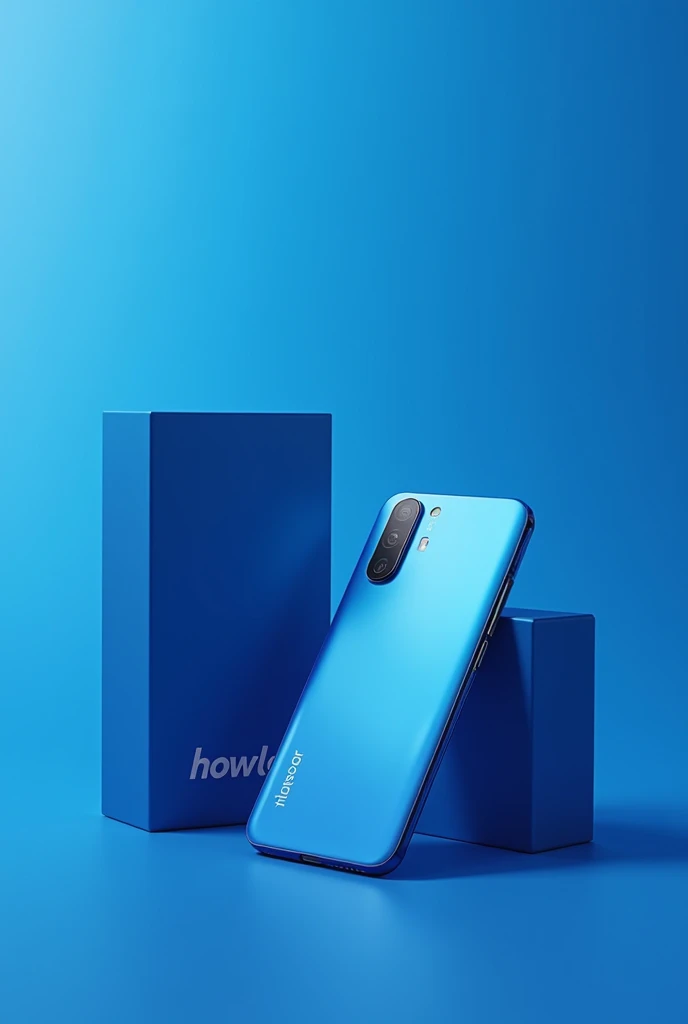 Create a high-quality advertisement for a modern smartphone brand named Howlogo. The ad should feature a sleek, stylish blue phone and its elegant company packaging box. Use a clean, contemporary blue gradient or simple blue background to make both the pho...