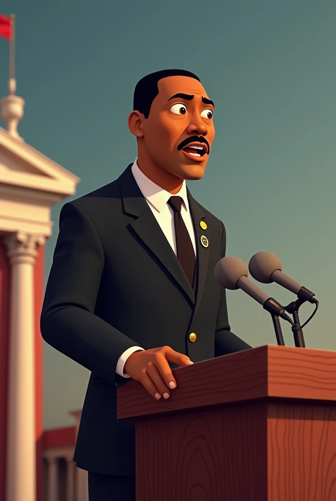 An animated version of Martin Luther king Jr addressing and standing on a dias his speech i have a dream