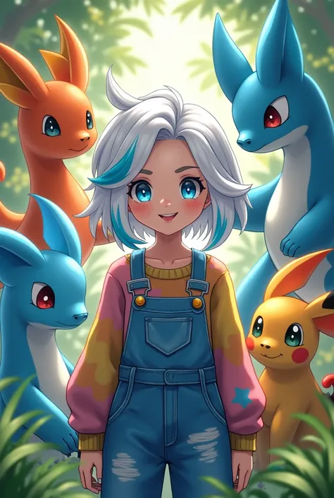 medium length platinum white hair woman… with bright blue eyes and bright blue hair streaks… fun hairstyle. Surrounded by real Pokémon preferably dragon types… I want to wear really cool overalls and a sweater kawaii aesthetic mimiku, mawile