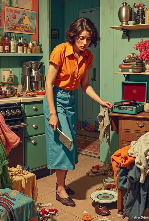 Make me a collage of a woman cleaning her house tired and with clothes behind her,music, food, vehicles, art from the 60s 