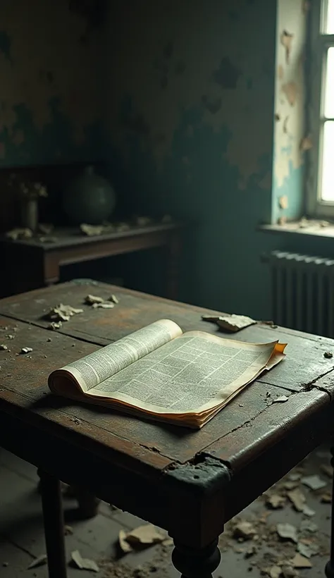 Inside an abandoned room there was an old newspaper on an old table..  