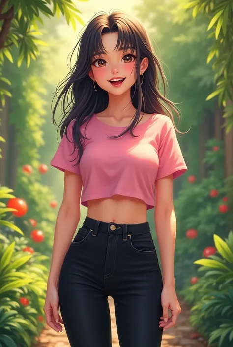 A girl, 1, beautiful, white glowing skin, short pink shirt , Short  black cut pants, Round Big Tits, Thin Waist, Very Happy, Garden Standing, Realistic, Best Quality, Standing,