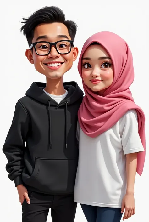 realistic 4D caricature, oil 4D caricature, man from Indonesia, 2, wearing glasses, short straight hair, thin cheeks, wearing a black hoodie, and a woman wearing a hijab from Indonesia, wearing a pink hijab, long white t-shirt, smiling, with a free pose