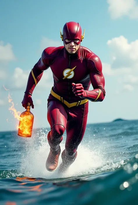 Boldly Grant Gustin as The Flash wearing a full red burgundy tatical beltless suit holdind a glass bottle with fire coming out of the top running over the atlantic ocean in the middle of the sea blue sky sunny day