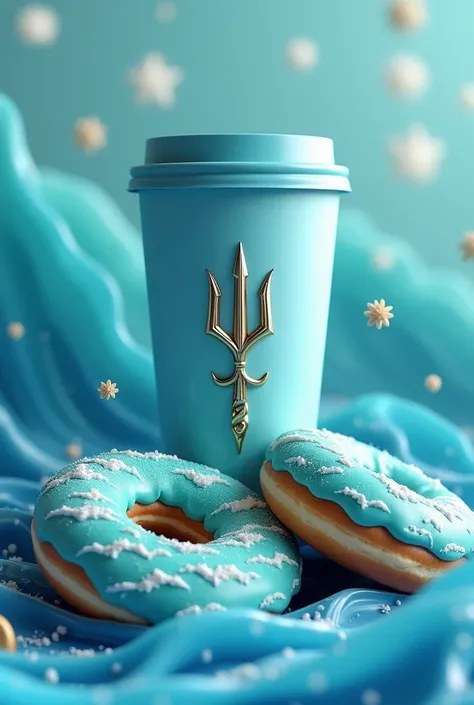  A sea-blue coffee cup with Aquaman’s trident emblem and two donuts with ocean wave icing patterns and a sprinkle of sea salt.