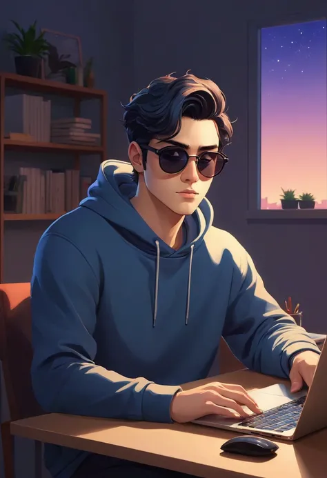 "Business male character with friendly anime appearance is wearing a sweatshirt and sunglasses. He is sitting behind his laptop in his studio, arms on his desk. It’s night. The room is minimalist. He is facing the camera, looking straight and centered, cen...