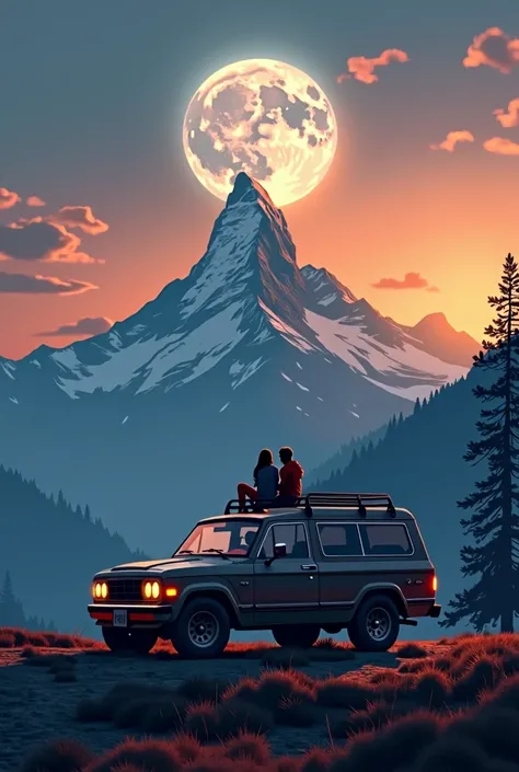 At sunset, a pickup camper is parked facing a towering mountain peak with a breathtaking view of a moonlit landscape, two people in love enjoying the sunset while sitting on top of the pickup camper