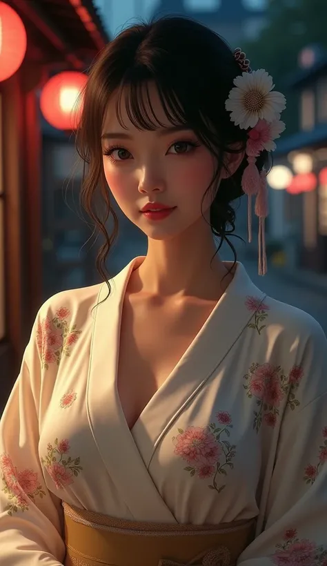 Japan、Japanの夜、Late Night、kimono、オフホワイト花柄のkimono、silk、A diligent smile、From the waist up、Beautiful smile、Ample breasts、Overflowing Chest、Big Tits、My nipples are erect、V-line chest、Realistic、Kyoko Koizumi