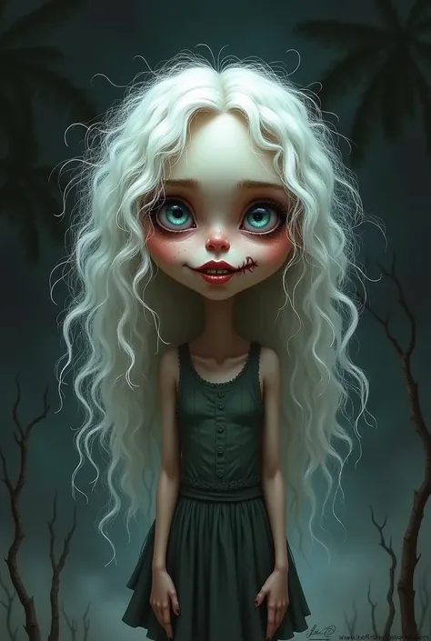 Create a caricature of a creepy  girl with long white curly hair
