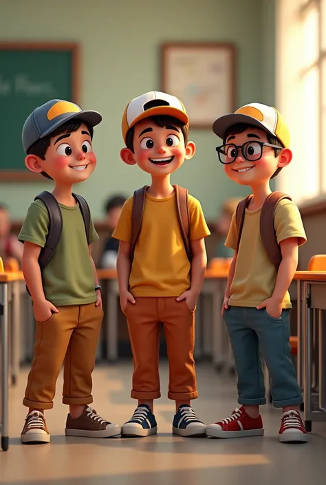 (photorealism:1.2),3 funny boys,first boy was wearing a cap and also his want to be a smiling and more funny,rotated to backwards,second boy was wearing spects with a afraid face,third boy want to be smiling face and more funny face and wearing t shirts al...