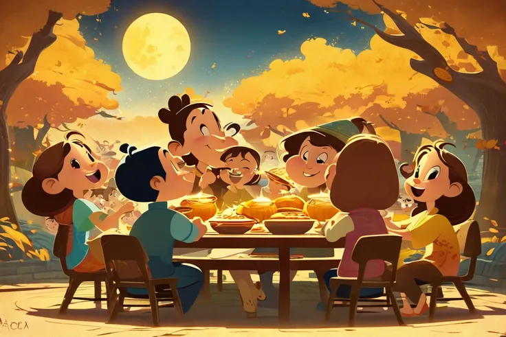 Cartoon style character design, Mid-Autumn Festival reunion poster,On Mid-Autumn Festival, the whole family sits around the table and eats happily,A warm yellow full moon,Warm light, warm atmosphere, happy, happy,8k,Pixar style, Disney style, abstractvisua...