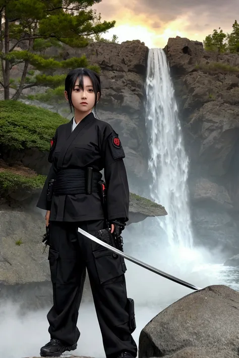 Create a young Japanese girl, Bblack hair, wearing tactical ninja uniform, with tactical accessories, holding a katana, next to a waterfall.