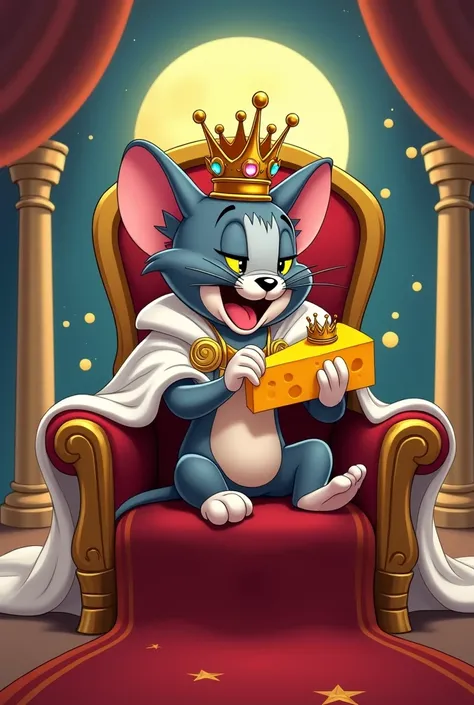 JERRY brown  mouse is the king 👑 , Make him as like a king character on cartoon film tom and jerry eating a cheese and ready to the moon