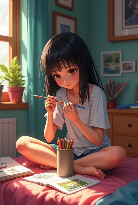 a teenage girl, brunette with straight black hair, sitting on the bed in her colorful room, sharpening colored pencils