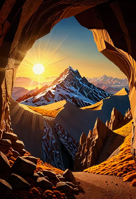 Rhombus with a mountain, the sun and a cave