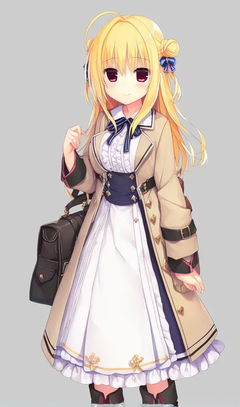 1girl,hiyori-default,hiyori-default,red eyes,blonde hair, double bun,ahoge, long hair, Deep burgundy long-sleeved dress, long black boots, long beige coat, stole, gold accessories, classic leather bag, smiling, standing, One person、Uplifting