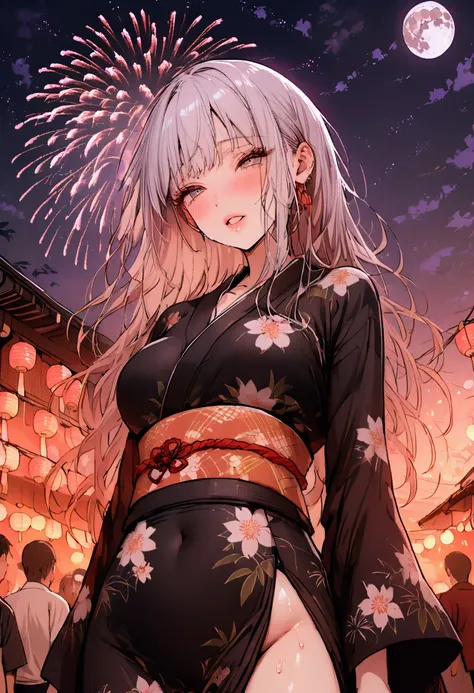 (sex),Fireworks,summer night,tight clothes,detailed,high quality,full moon,Hanabi Taikai,yukata dress,Japanese festival,hidden from people,open legs