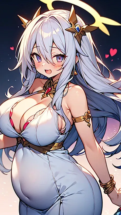 masterpiece,best quality,ultra detailed,(hyper cute girl),
(anime style),((silver hair,long hair,hair between eyes)),Ishtar the goddess,huge_breasts,pregnant,happy,(pink heart-shaped halo),