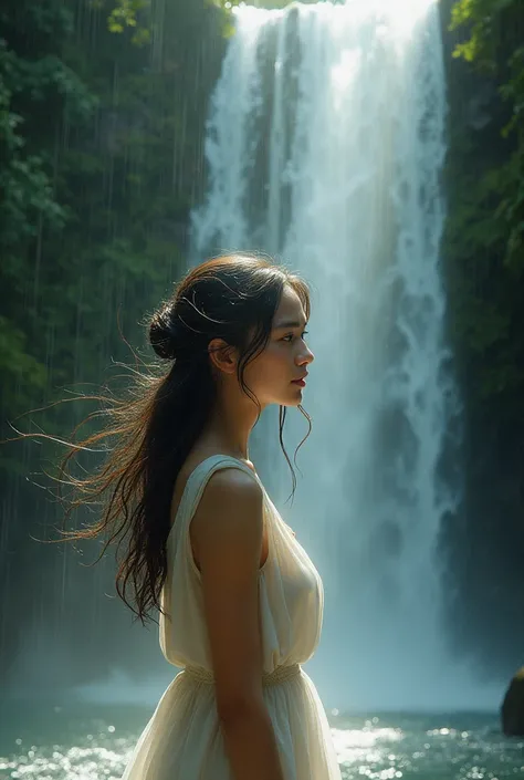 Realistic image of a girl in a waterfall 