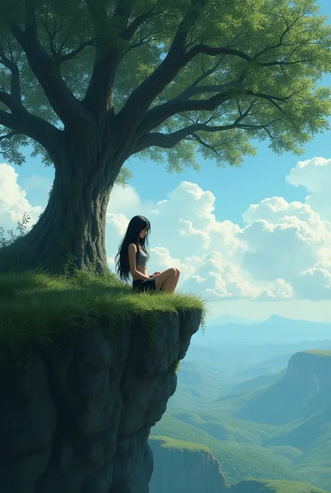 beautiful girl, Sits under a huge tree on the edge of a cliff, full length photo, black hair, Very long hair, , ideal figure, Blue eyes, sad, view from afar, A huge tree on the edge of a cliff, month, grass, Lots of green, There are clouds in the sky, mast...