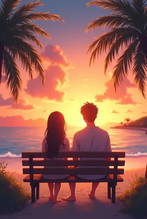 a gir sitting in a bench with a guy side her in the beach with sunset