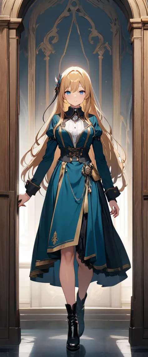 ((masterpiece)), ((Highest quality)), ((High resolution)), ((Highly detailed CG synthesis 8k wallpaper)), woman with blonde hair, blue eyes, fullbody view, royalty, long hair