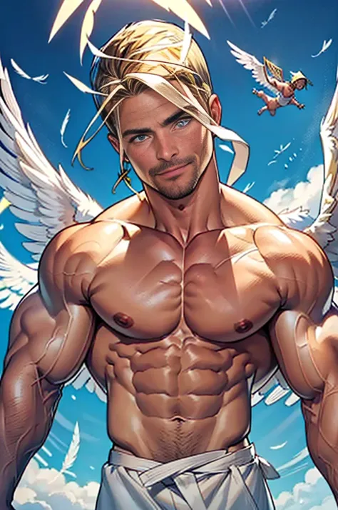 Clear background、A hunk and  handsome  man, (((flying with 2 large angel wings))) ((((StephenAMELL)))) as an angel ,He is 40,Thin waist,The pectoral muscles are well developed, He is 175cm tall,Weight 72 kg,blue-green eyes,dark blond hair color,short hair,...