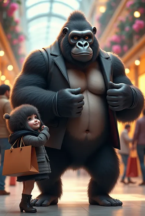 Gorilla & she Gorilla Shopping
A muscular gorilla couple strolls through a shopping mall, bags in hand, trying on stylish outfits. The male gorilla flexes in a fitted jacket while his girlfriend playfully picks out accessories.