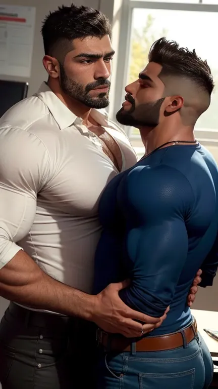 Indian latino gay couple doing mouth to mouth tounge to tounge kissing in office, muscular men, muscular attractive men, male art, gigachad muscular, muscular! fantasy, gay, bodybuilder body, bodybuilder, muscular body, big muscle, ,Realistic, ((Masterpiec...