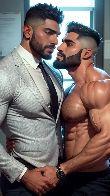 indian latino gay couple doing mouth to mouth tounge to tounge kissing in office, muscular men, muscular attractive men, male ar...