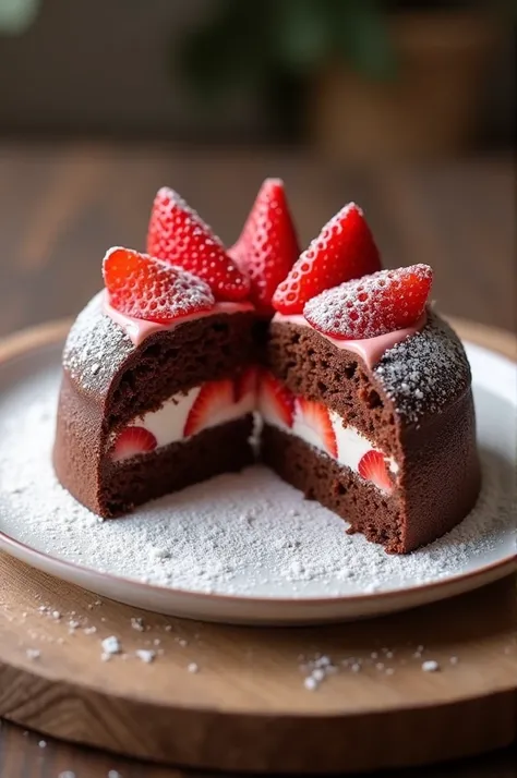 Creamy Bolo, chocolate with strawberry on top Inside a plate on the table Sliced Ultra realistic fullHD 4k 