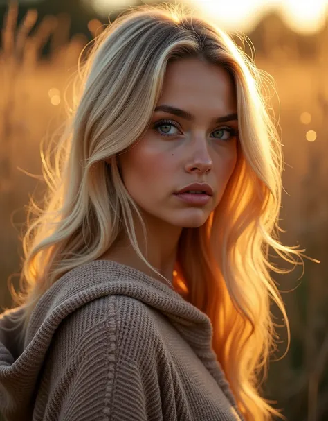 1girl,beautiful detailed eyes,beautiful detailed lips,extremely detailed face,long eyelashes,long blonde hair,hooded sweater,looking at camera,outdoor,sunset lighting,golden hour,photoshoot,instagram aesthetic,soft natural lighting,shallow depth of field,h...