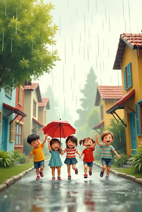 Children playing in the rain, in cute drawing