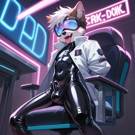 Furry、A young dog boy is tied to a mechanical chair、Arms behind back、Hypnosis Goggles、Black Rubber Suit、Purple neon lights、Bouncing on a dildo、((Underwear with a key pattern))、Swelling in the lower body、Sticking out tongue、A sloppy look、White coat、cyber pu...