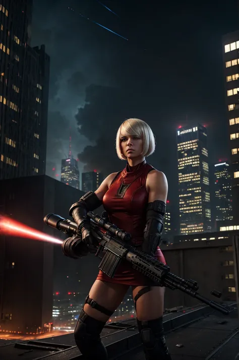 A female mercenary in a red dress, platinum blonde bob-cut hair, wielding an LMG on an urban rooftop. Aiming down at distant enemies in a tense sniper duel. City skyline in the background, glowing lights from buildings. Dynamic action pose, rooftop debris ...