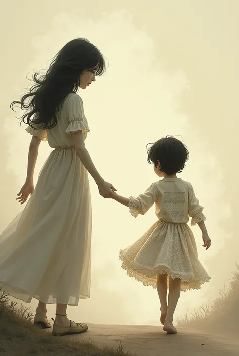 A woman holding the hand of a boy who is walking away, the boy has a body like a page in a book and he is walking away 