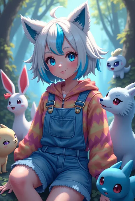 A adult woman… medium hair length wolf cut short floppy hair, platinum white hair woman… with bright blue eyes and bright blue hair streaks… fun hairstyle. Surrounded by real Pokémon preferably dragon types… I want to wear really cool overalls and a sweate...