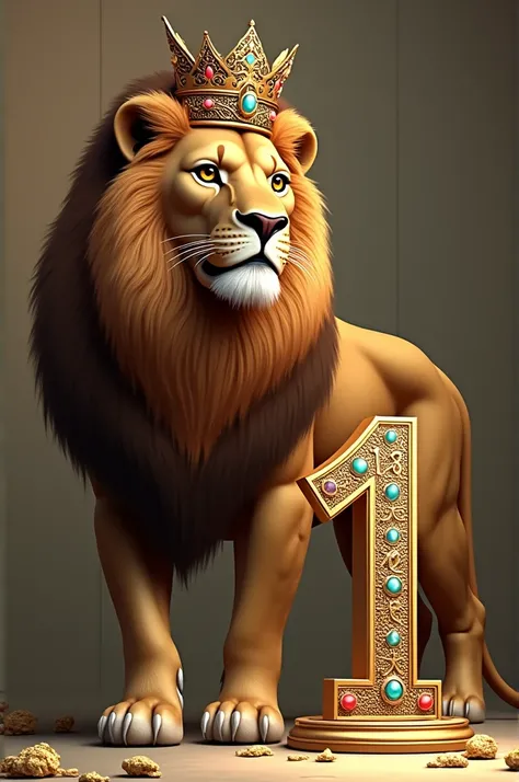 Create a picture of a lion wearing a crown next to a golden sign that says RAM 1 in precious stones 