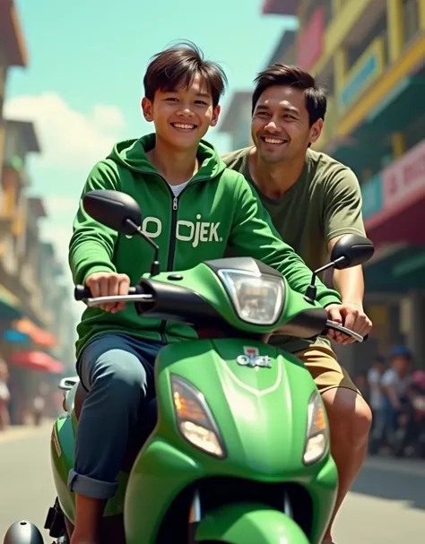 a young Asian man with medium hair wearing a green jacket that says "go ojek", is riding a motorbike with Lionel Messi wearing a t-shirt, Indonesian background