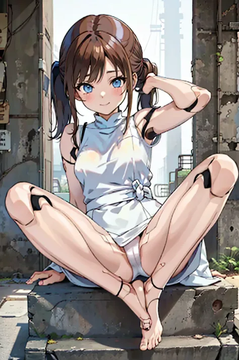 android, brown hair, She arches her back, frontal face. android with blue eyes. Her short brown pigtails are very short and tied with two big red clothespins, joint seam, black eyes, full body figure, Height: 160cm, She wears nothing without micro mini pan...