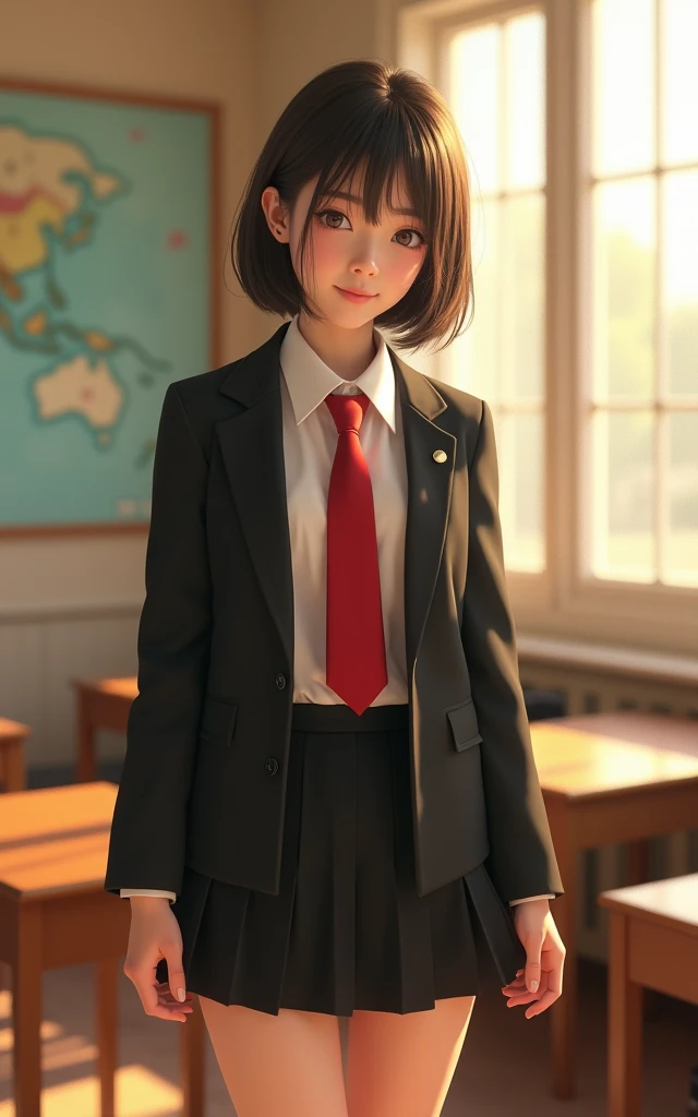 Cute female student wearing a black blazer, white top, and red necktie, black micro mini skirt, indoor, sunlight, volumetric lighting, film grain